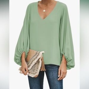 NWT Womens V Neck Chiffon Blouses Casual Balloon Sleeve